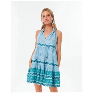 Oliphant Marley Blue Block Print Tiered Halter Mini Dress Womens L Cotton Voile